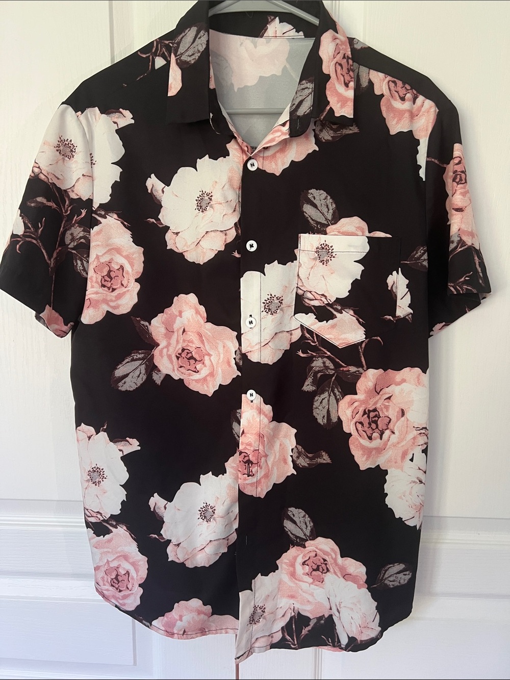 SHEIN Black Button-Down Shirt with Blush Pink Floral Print